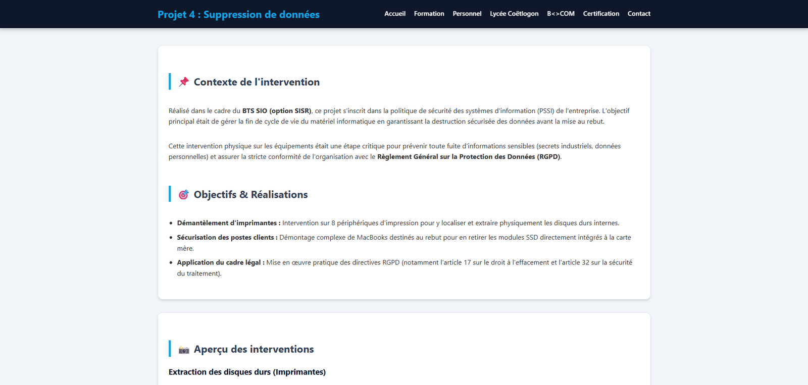 Aperçu de la page contact et mise en page